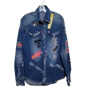 DSQUARED2 Men Printed Graphic Logo Monogram Button Front Denim Shirt Size Large